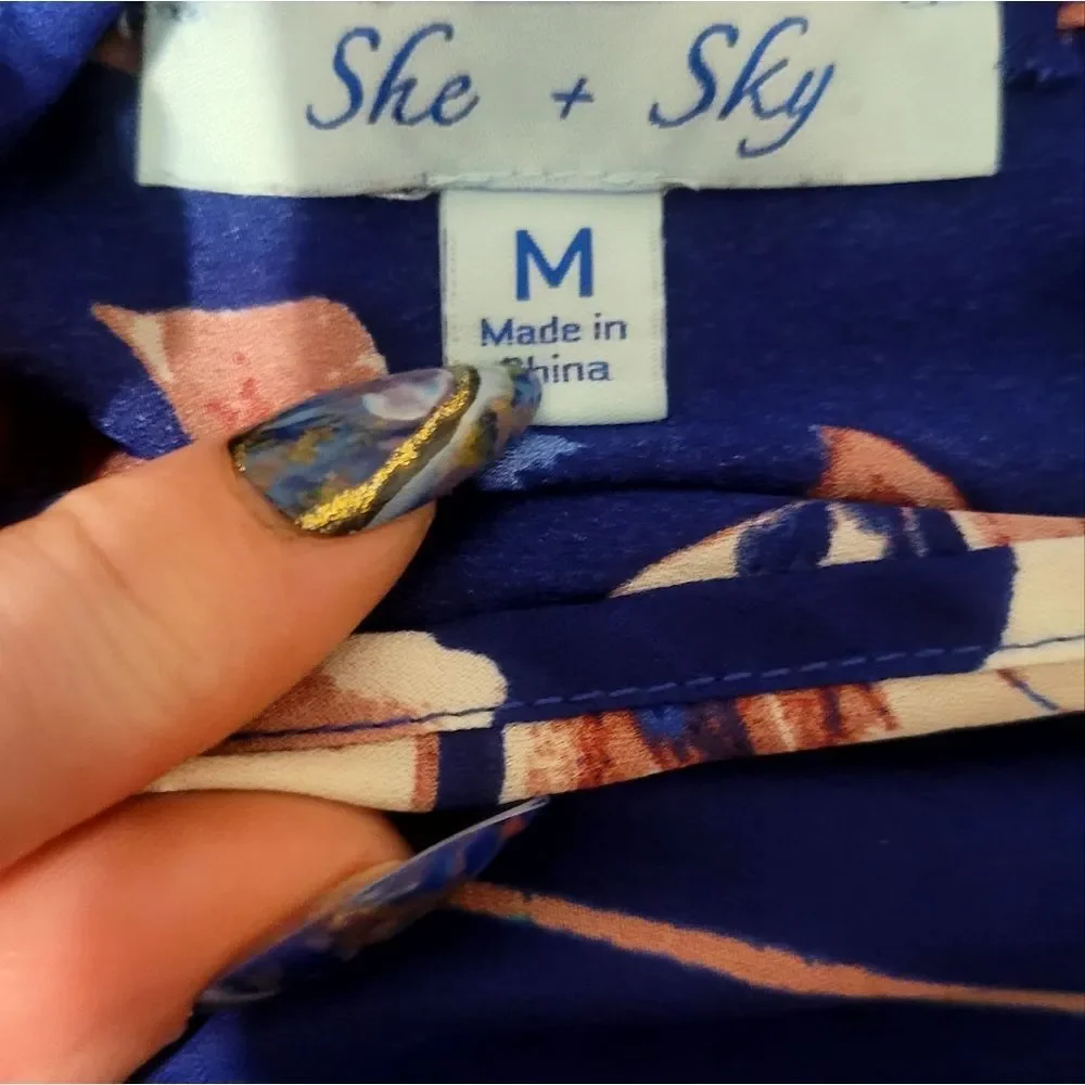 She + Sky Floral, And Feather Print Romper in Blue and Pink. Ladies Size MED - Picture 3 of 6